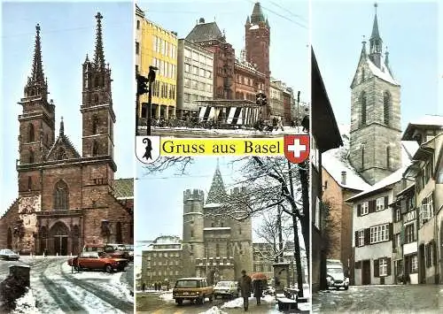 Ansichtskarte Schweiz - Basel / Gruss aus Basel - Münster, Rathaus, Spalentor, Peterskirche (1973)
