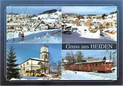 Ansichtskarte Schweiz - Heiden / Skilift, Ortsansicht, Kirche mit PTT Postbus, Heiden-Bergbahn (1974)