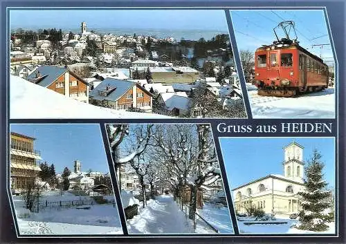 Ansichtskarte Schweiz - Heiden / Gruss aus Heiden - Ortsansicht, E-Lokomotive der Heiden-Bergbahn mit Schneepflug, Kirche... (1976)