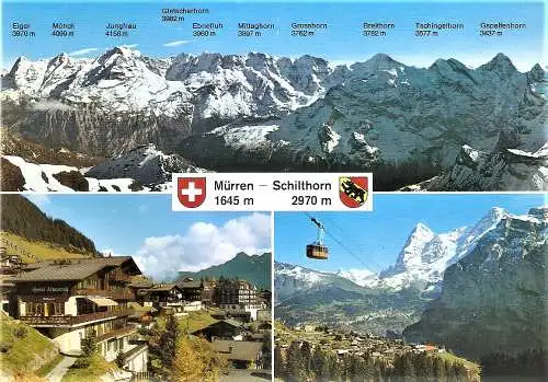 Ansichtskarte Schweiz - Mürren / Schilthorn - Hotel Alpenruh, Gondelbahn - Eiger, Mönch, Jungfrau, Gletscherhorn, Ebnefluh, Mittaghorn (1978)