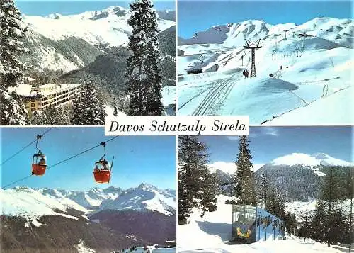 Ansichtskarte Schweiz - Davos / Schatzalp Strela - Berghotel Schatzalp, Skiabfahrt Strelagrat, Gondelbahn Schatzalp-Strela.... (1979)