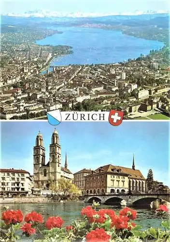 Ansichtskarte Schweiz - Zürich / Panorama mit Zürichsee und Grossmünster (2166)