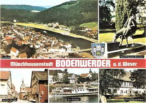 Ansichtskarte Deutschland - Bodenwerder / Luftbild, Münchhausen Brunnen, Große Straße, Am Anleger, Münchhausenhaus (2116)