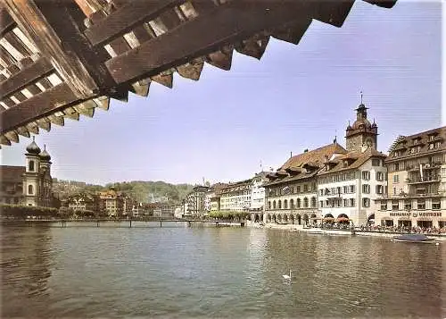 Ansichtskarte Schweiz - Luzern / Reuss und Rathausquai mit Restaurant Mostrose (2197)