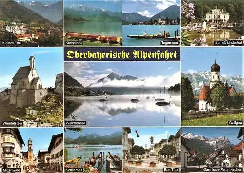 Ansichtskarte Deutschland - Oberbayerische Alpenfahrt / Kloster Ettal, Kochelsee, Tegernsee, Schloß Linderhof, Wendelstein, Walchensee (2487)