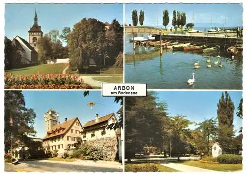 Ansichtskarte Schweiz - Arbon am Bodensee / Katholische Kirche, Hafen, Römerhof, Seepark mit Saurer-Denkmal (2549)