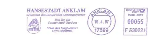 Freistempel F530221 Anklam - Hansestadt Anklam - Kreisstadt des Landkreises Ostvorpommern / Das Tor zur Sonneninsel Usedom - Stadt des Flugpioniers Otto Lilienthal (Abb. Wappen) (#2118)
