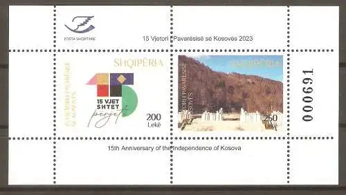 Briefmarke Albanien Block 217 ** (Mi.Nr. 3676-3677) 15 Jahre Unabhängigkeit des Kosovo 2023 #