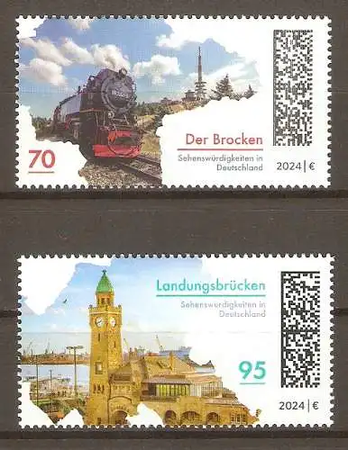 Briefmarke BRD Mi.Nr. 3817-3818 ** Sehenswürdigkeiten in Deutschland 2024 / Lokomotive der Brockenbahn & Landungsbrücken am Hamburger Hafen / Kompletter Satz ! #