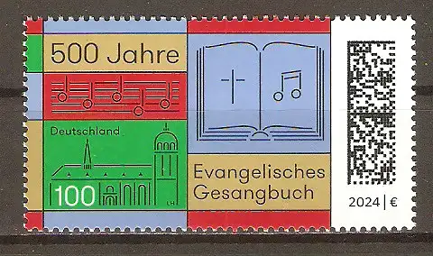 Briefmarke BRD Mi.Nr. 3809 ** 500 Jahre Evangelisches Gesangbuch 2024 / Notenzeile, Gesangbuch und Schlosskirche Wittenberg #