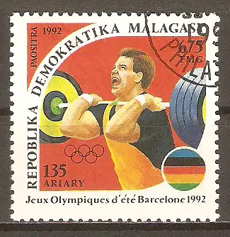 Briefmarke Madagaskar Mi.Nr. 1378 o Olympische Sommerspiele Barcelona 1992 / Gewichtheben #