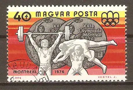 Briefmarke Ungarn Mi.Nr. 3164 A o Ungarische Medaillengewinner bei den Olympischen Sommerspielen in Montreal 1976 / Gewichtheben - György Köszegi & Freistilringen - Joszef Balla (Silbermedaille) #2024135