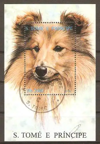Briefmarke Sao Tomé und Principe Block 336 o (Mi.Nr. 1593) Hunde 1995 / Collie  #2024141