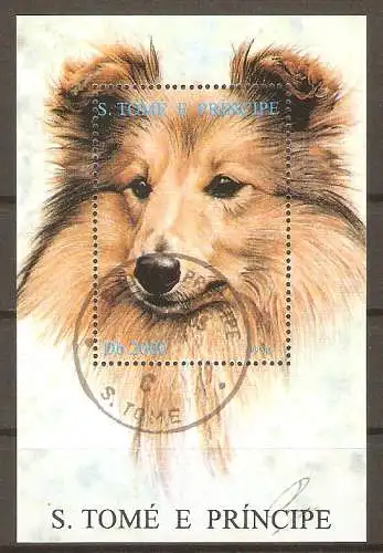 Briefmarke Sao Tome & Principe Block 336 o (Mi.Nr. 1593) Hunde 1995 / Collie  #