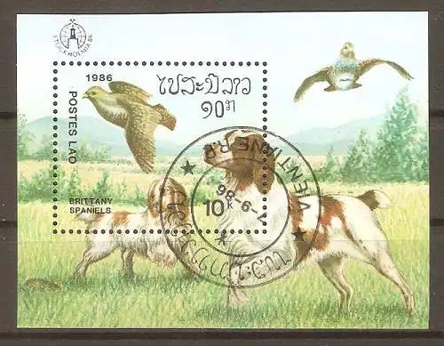 Briefmarke Laos Block 113 o (Mi.Nr. 951) Internationale Briefmarkenausstellung STOCKHOLMIA ’86 / Hunde - Brittany Spaniels  #
