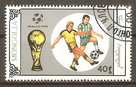 Briefmarke Mongolei Mi.Nr. 2123 o Fussball-Weltmeisterschaft Italien 1990 / Zweikämpfe & FIFA-Pokal #