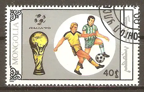 Briefmarke Mongolei Mi.Nr. 2123 o Fussball-Weltmeisterschaft Italien 1990 / Zweikämpfe & FIFA-Pokal #2024173