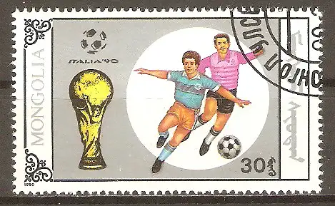 Briefmarke Mongolei Mi.Nr. 2122 o Fussball-Weltmeisterschaft Italien 1990 / Zweikämpfe & FIFA-Pokal #