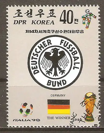 Briefmarke Korea-Nord Mi.Nr. 3125 o Sieg der deutschen Nationalmannschaft bei der Fussball-Weltmeisterschaft Italien 1990 / DFB-Emblem #2024184