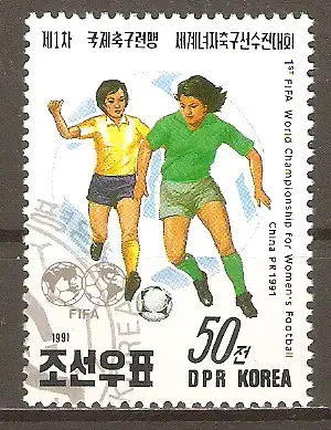 Briefmarke Korea-Nord Mi.Nr. 3253 o 1. Fussball-Weltmeisterschaft der Damen VR China 1991 / Dribbling #