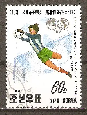 Briefmarke Korea-Nord Mi.Nr. 3254 o 1. Fussball-Weltmeisterschaft der Damen VR China 1991 / Torwart-Parade #