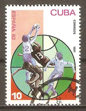 Briefmarke Cuba Mi.Nr. 2543 o Fussball-Weltmeisterschaft Spanien 1982 / Spielszenen vor Weltkugel #