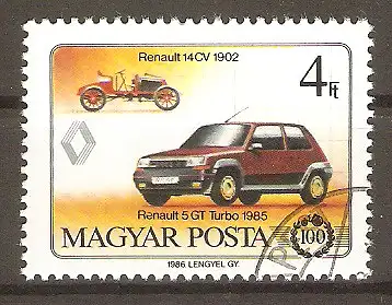 Briefmarke Ungarn Mi.Nr. 3831 A o 100 Jahre Automobil 1986 / Renault 14 CV (1902) & Renault 5 GT Turbo (1985) #2024221