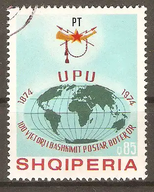 Briefmarke Albanien Mi.Nr. 1718 o 100 Jahre Weltpostverein (UPU) 1974 / Globus & Postemblem #2024230