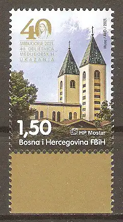 Briefmarke Bosnien-Herzegowina (Kroatische Post Mostar) Mi.Nr. 577 ** 40. Jahrestag der ersten Marienerscheinung in Međugorje 2021 / St.-Jakobus-Kirche #2024248