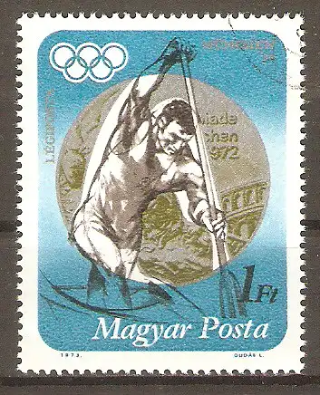 Briefmarke Ungarn Mi.Nr. 2849 A o Medaillengewinner der Olympischen Sommerspiele München 1972 / Silbermedaille im Kanu (Canadier - Einer) Tamas Wichmann #2024254