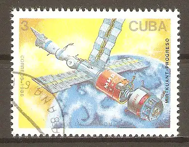 Briefmarke Cuba Mi.Nr. 3174 o Tag der Kosmonautik 1988 / Orbitalkomplex „Mir – Kuant“ #