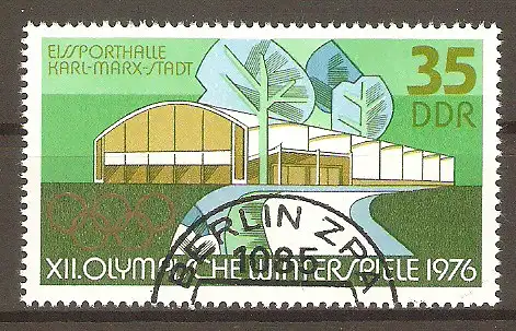 Briefmarke DDR Mi.Nr. 2103 o Olympische Winterspiele Innsbruck 1976 / Eissporthalle Chemnitz (Karl-Marx-Stadt) #2024373
