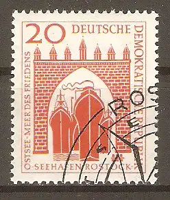 Briefmarke DDR Mi.Nr. 634 o Bau des Seehafens Rostock 1958 / Sieben Türme (Wahrzeichen Rostocks) & Hochseeschiffe #