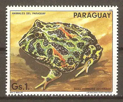 Briefmarke Paraguay Mi.Nr. 3853 ** Tiere Paraguays 1985 / Schmuckhornfrosch (Ceratophrys sp.) #