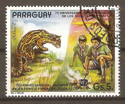 Briefmarke Paraguay Mi.Nr. 3500 o 75 Jahre Pfadfinder 1982 / Ozelot (Leopardus pardalis) & Pfadfinder am Lagerfeuer #