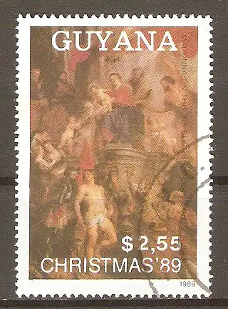 Briefmarke Guyana Mi.Nr. 3072 o Weihnachten 1989 / Gemälde "Das Wunder des neugeborenen Kindes" von Tizian #2024447