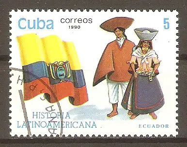 Briefmarke Cuba Mi.Nr. 3426 o Geschichte Lateinamerikas 1990 / Flagge Ecuadors & Paar in Landestracht #