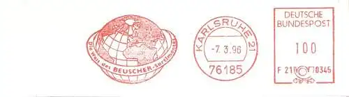 Freistempel F21 0345 Karlsruhe - Die Welt des BEUSCHER Sortimentes (Abb. Weltkugel) (#324)