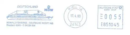 Freistempel E851045 Kiel - HDW Howaldtswerke Deutsche Werft AG (Abb. Kreuzfahrtschiff MS "Deutschland") (#679)