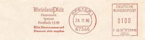 Freistempel F68 5116 Speyer - Rheinland Pfalz / Finanzamt Speyer / Bitte Steuernummer und Steuerart stets angeben (#823)