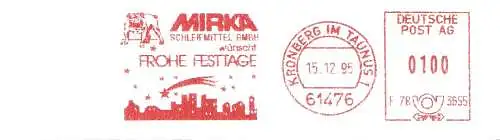 Freistempel F78 3655 Kronberg im Taunus - Mirka Schleifmittel GmbH wünscht Frohe Festtage (Abb. Bulldogge & Weihnachtsstern über Stadtsilhouette) (#845)