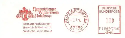 Freistempel F91 7199 Ruppertsberg - Ruppertsberger Winzerverein Hoheburg EG / Erzeugerabfüllungen Bereich Mittelhaardt Deutsche Weinstraße (Abb. Burg & Wappen) (#899)