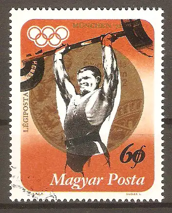 Briefmarke Ungarn Mi.Nr. 2848 A o Medaillengewinner der Olympischen Sommerspiele München 1972 / Goldmedaille im Gewichtheben Imre Földi #