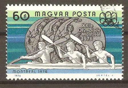 Briefmarke Ungarn Mi.Nr. 3165 A o Ungarische Medaillengewinner bei den Olympischen Sommerspielen in Montreal 1976 / Einerkajak - Géza Csapó, Zoltan Sztanity; Zweierkajak - Anna Pfeffer/Klara Rajnai (Silbermedaille) #