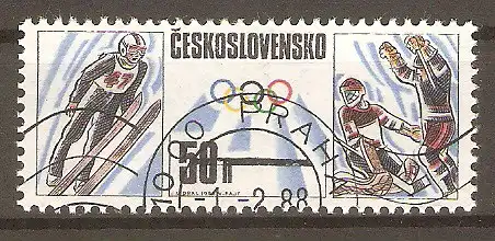 Briefmarke Tschechoslowakei Mi.Nr. 2941 A o Olympische Spiele Calgary und Seoul 1988 / Skispringen, Eishockey #