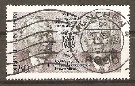 Briefmarke BRD Mi.Nr. 1351 o 25 Jahre Vertrag über die deutsch-französische Zusammenarbeit 1988 / Konrad Adenauer & Charles de Gaulle #2024478