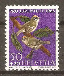 Briefmarke Schweiz MiNr. 894 o „Pro Juventute“: Einheimische Vögel 1968 / Sommergoldhähnchen (Regulus ignicapillus) #2024492