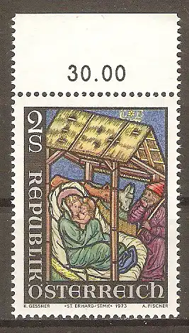 Briefmarke Österreich MiNr. 1435 ** Oberrand - Weihnachten 1973 / Gotisches Glasfenster mit Geburt Christi in der Pfarrkirche Sankt Erhard in der Breitenau #