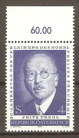 Briefmarke Österreich MiNr. 1436 ** Oberrand - 50. Jahrestag der Verleihung des Nobelpreises für Chemie an Fritz Pregl 1973 #2024496