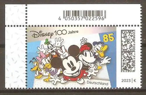 Briefmarke BRD Mi.Nr. 3754 ** Bogenecke oben links - 100 Jahre Walt Disney Studios 2023 / Pluto, Daisy Duck, Goofy, Micky Maus, Minnie Maus und Donald Duck #2024506